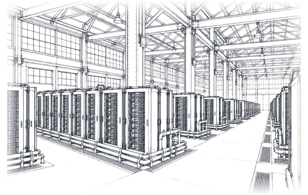液冷ラックが並ぶマイクロデータセンターの内部
